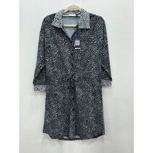 NWT Cabana Life Womens Black White Leopard Print Long Sleeve Shirt Dress Size XS